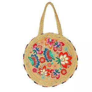Accessorize‎ London Beige Round Floral Embroidered jute, Raffia Shoulder Bag